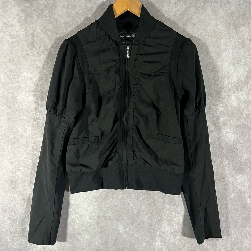 Paige Black Label Bomber Jacket Women Small Black Ruched Puff Sleeve Virgin Wool